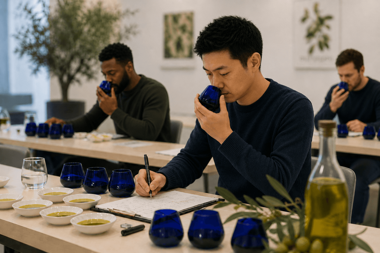 Students analyzing olive oil quality during a professional sensory evaluation workshop
