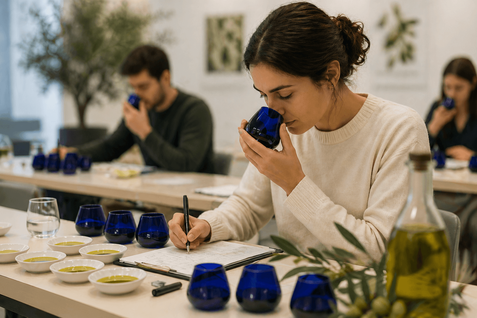 Students analyzing olive oil quality during a professional sensory evaluation workshop