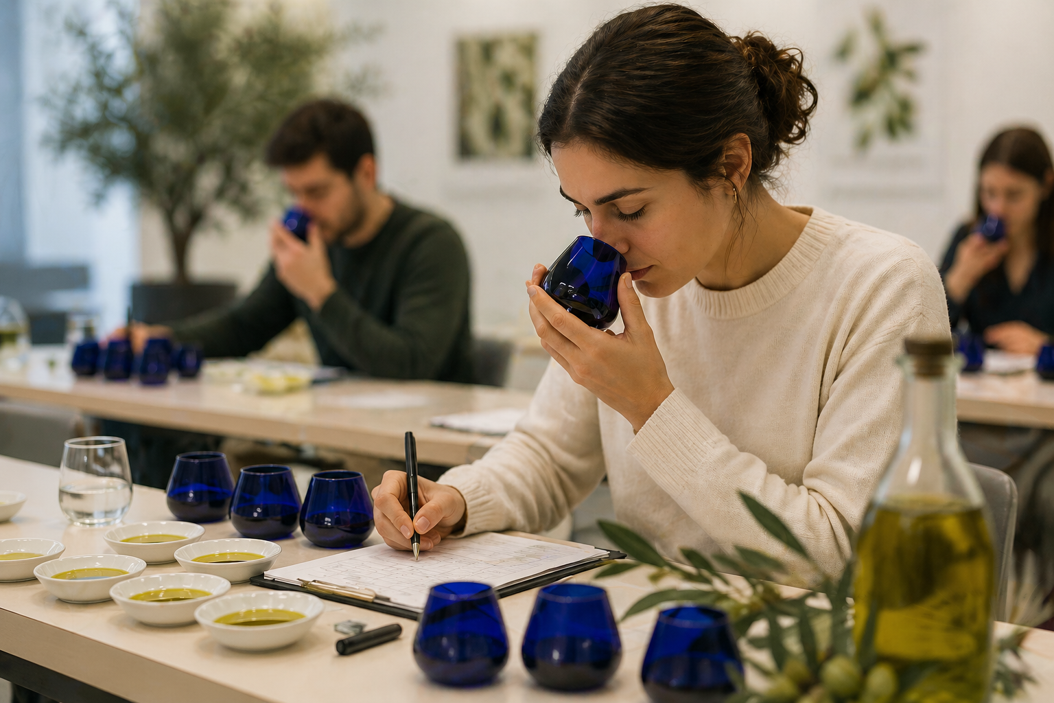 Professional olive oil sensory analysis session with students evaluating different olive oil varieties